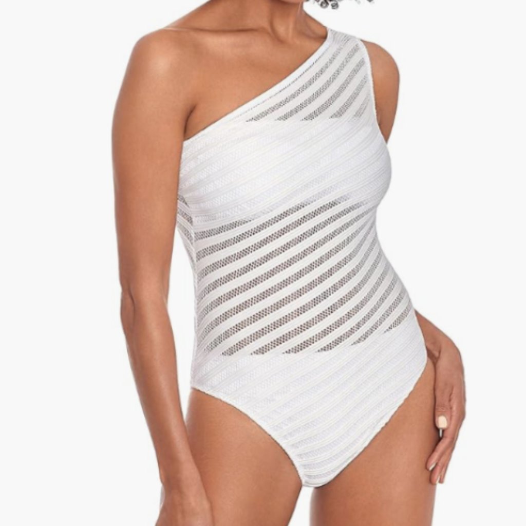 Lauren Ralph Lauren Womens One Shoulder Illusion Swimsuit White Size 14 8086